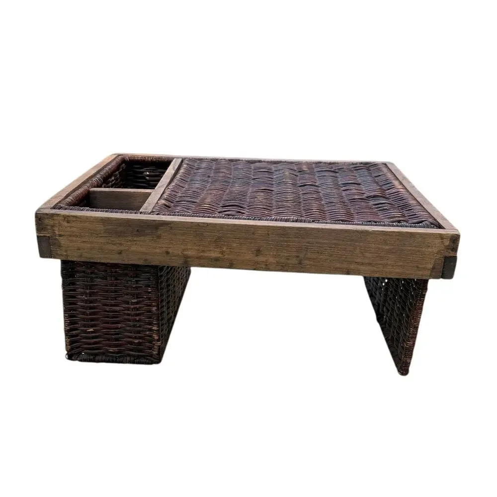 Vintage Rattan and Wood Utensil & Plate Caddy